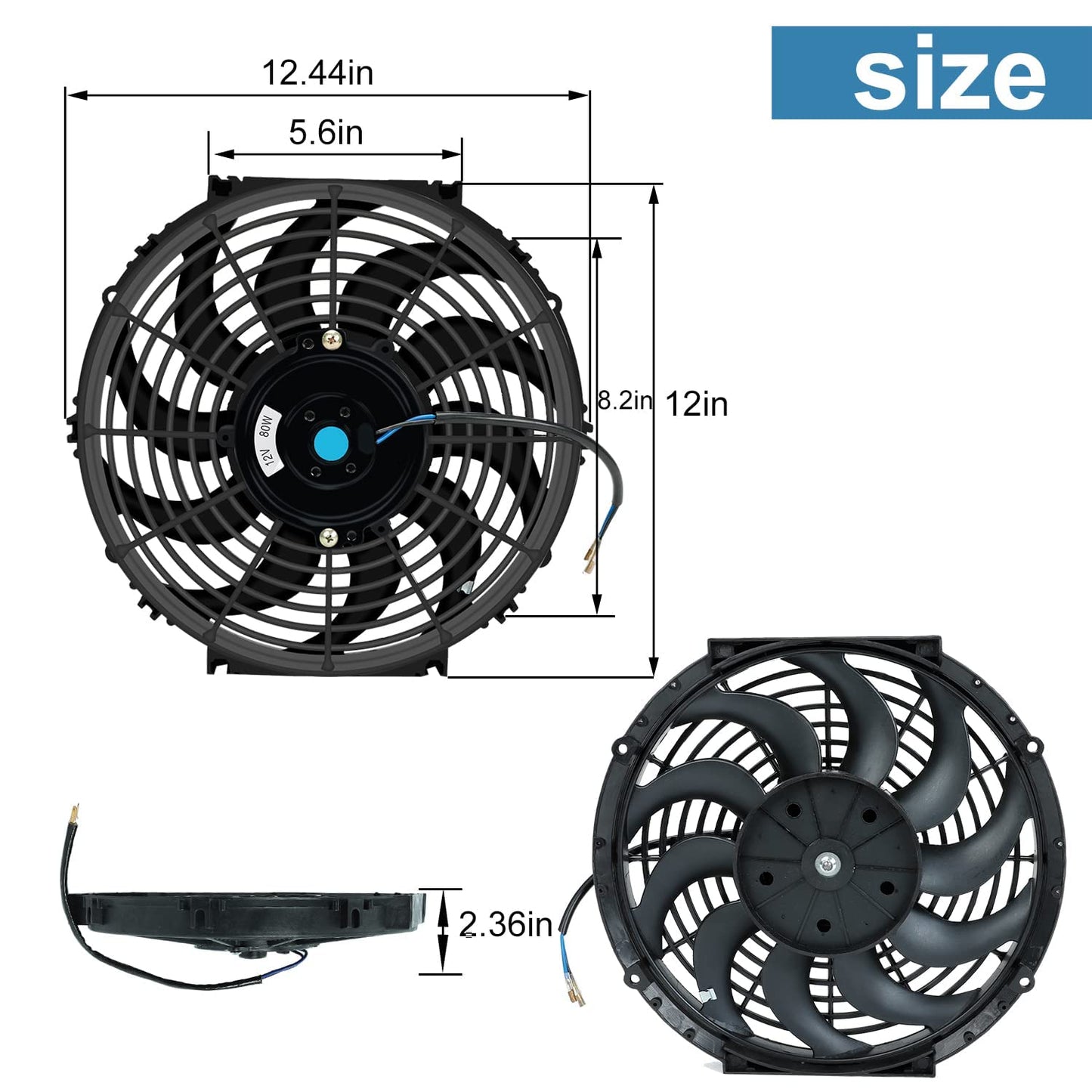 2PCS 12 Inch Universal Slim Fan Push Pull Electric Radiator Cooling 12V 80W Mount Kit Black