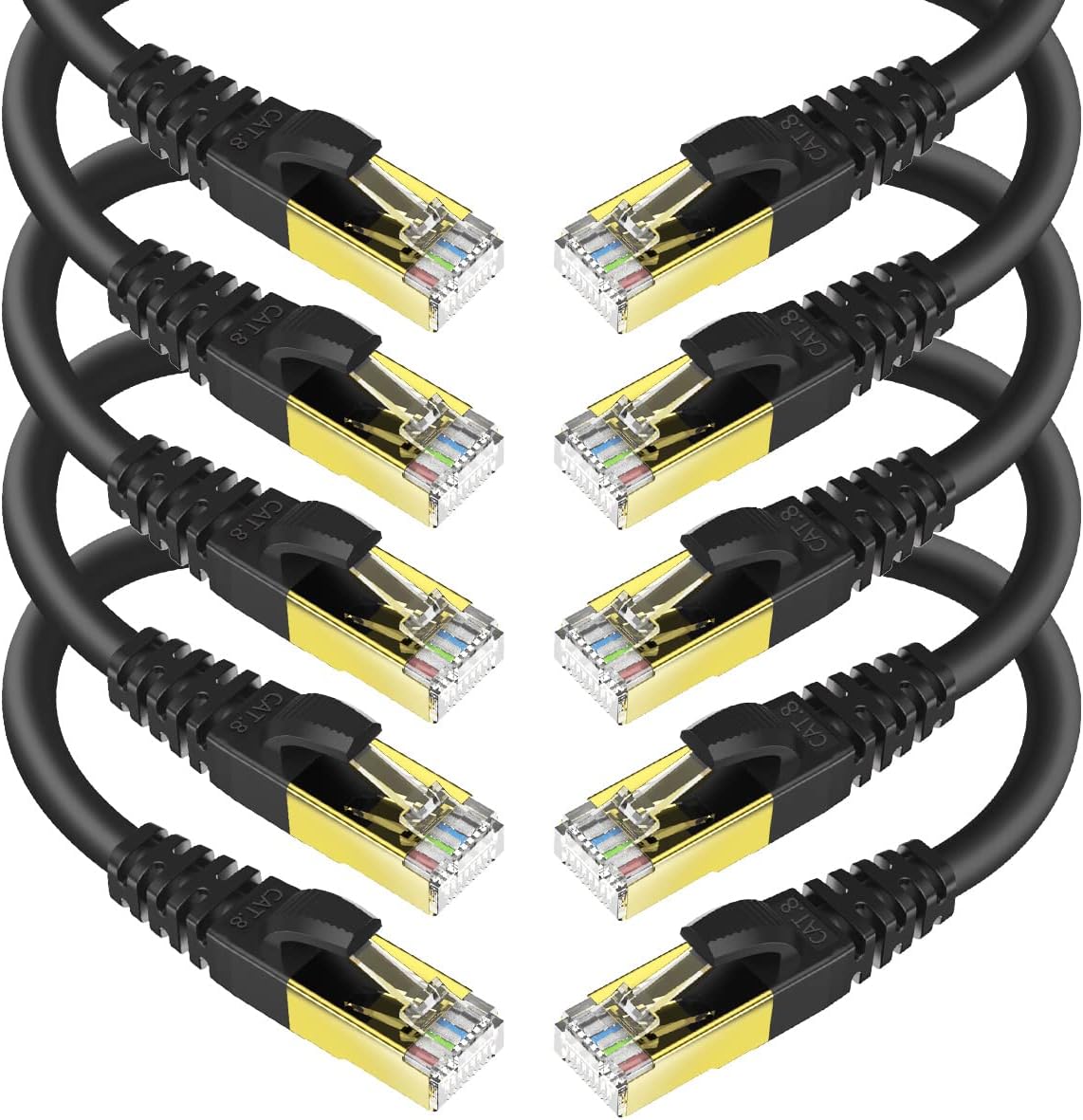 KASIMO CAT 8 Ethernet Cable 1 Feet, 10 Pack Black Shielded SFTP Internet Network Patch Cord, Heavy Duty High Speed LAN Cables w Gold Plated RJ45 Connector Professional for Router, Modem, Gaming