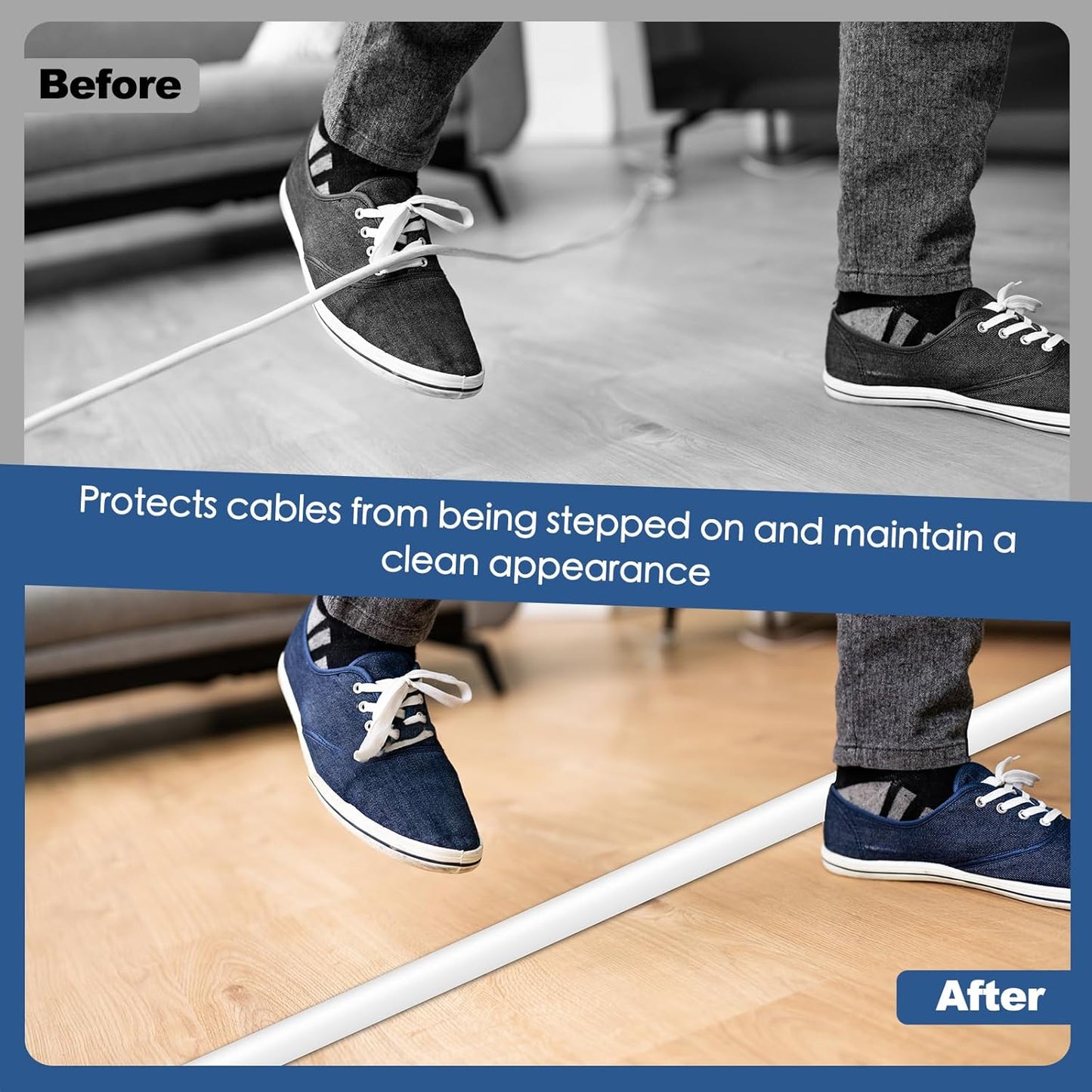 Floor Cord Cover for Wires on Floor Self Adhesive Cord Hider Floor Cable Management Wire Covers for Cords Protector Prevent Cable Trips Cord Cavity W 0.47" x H 0.27", White, 20Ft