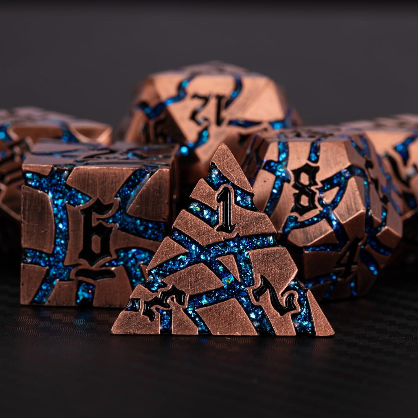 Dice Set D&D Dungeons and Dragons Dice D20 Metal DND Dice Set with Box, Polyhedral Role Playing Dice D12 D10 D% D8 D6 D4 for MTG RPG Board Games(Antique Copper Bright Blue)