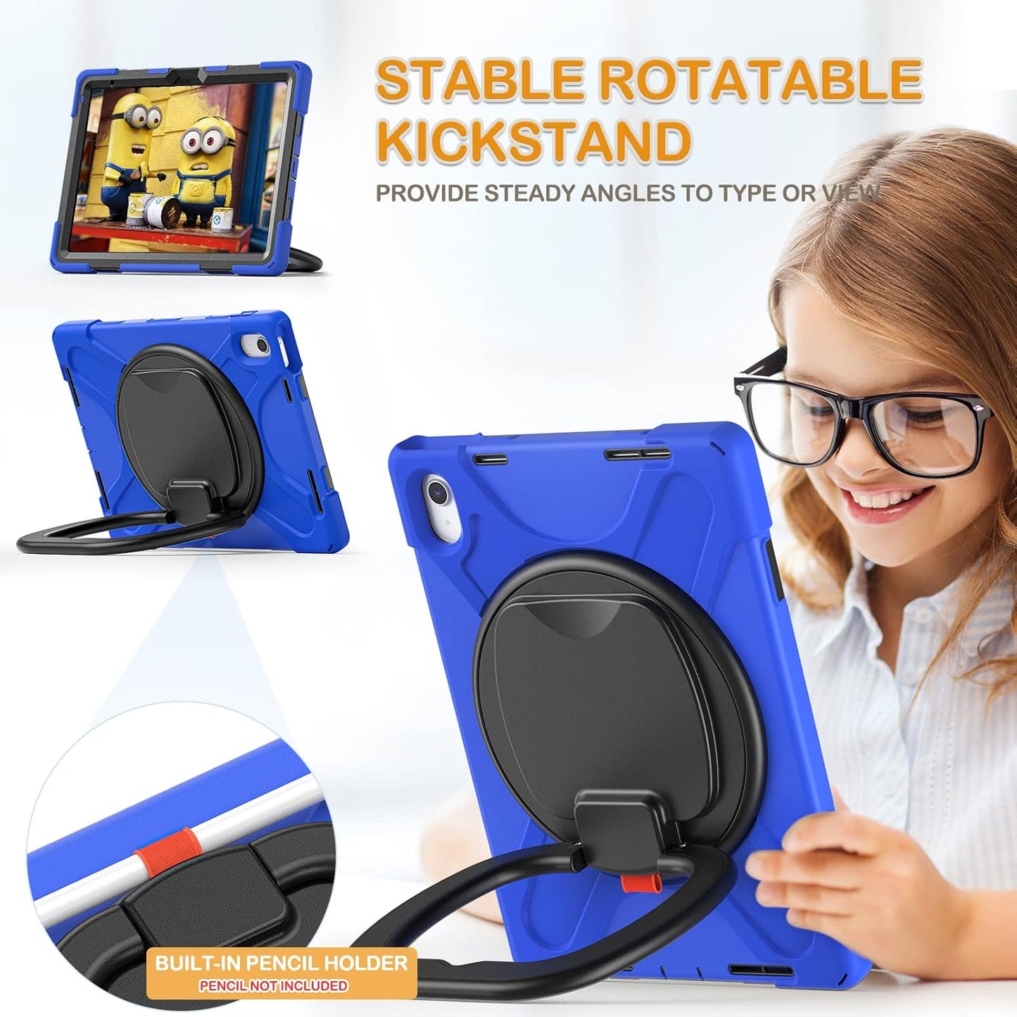 BRAECN Case for iPad (A16) 11th/10th Generation 11”/10.9'' 2025/2022-Rugged Silicone Cover for iPad 10th Gen w/Pencil Holder/Swivel Ring Stand/Screen Protector/Stable Kickstand/Shoulder Strap, Blue