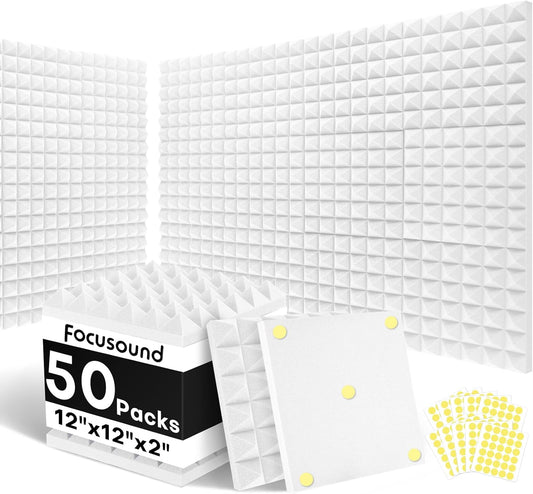 Focusound White Acoustic Panels 50 Pack 2"x12"x12" with 300 PCS Double-Side Adhesive - Sound Proof Pyramid Foam for Walls, Home Studio Noise Absorption & Echo Control Kit