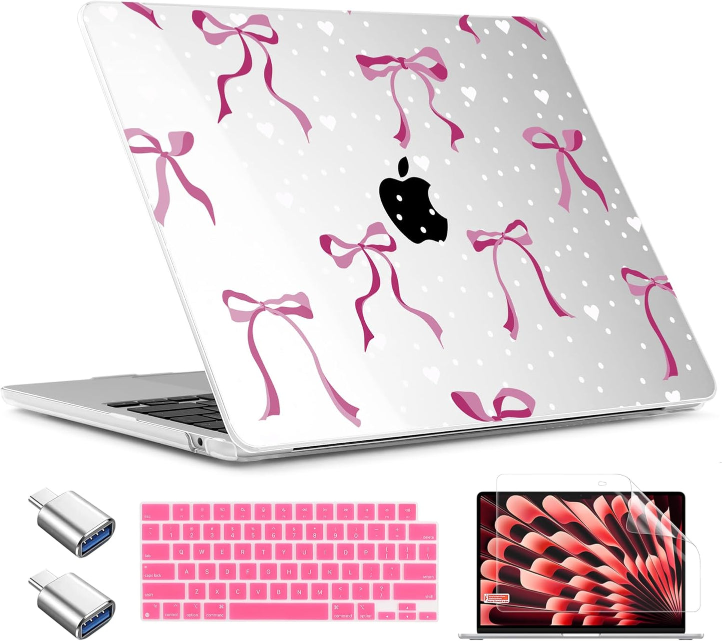TWOLSKOO Compatible with M4 MacBook Air 15 inch Case 2025-2023 Released Model M4 A3241 M3 A3114 M2 A2941, Plastic Hard Shell & Screen Protector & Keyboard Cover & Type C Adapter, Pink Bows