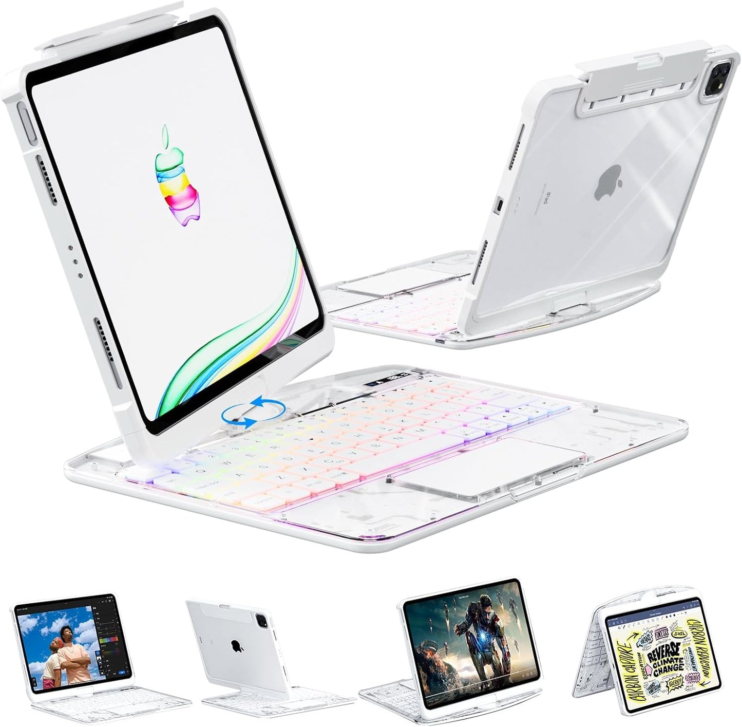 KARTICE Transparent 360 Keyboard Case with Wireless Keyboard for iPad Air 11 Inch 2024, 10.9" iPad Air 5th/4th, 11" iPad Pro 4/3/2/1 360° Rotating Stand