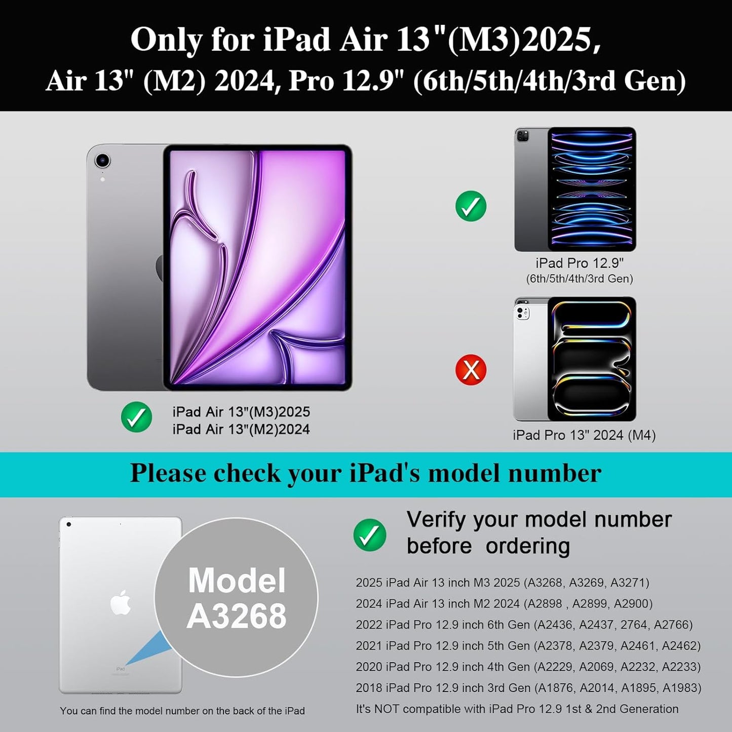 iPad Air 13 inch Case Keyboard (M3 M2, 2025 2024),Wireless iPad Keyboard for Pro 12.9 inch 6/5/4/3rd Gen,Magnetic Detachable with Trackpad,7-Color Backlit,Landscape/Portrait,Adjustable Stand (Gray)