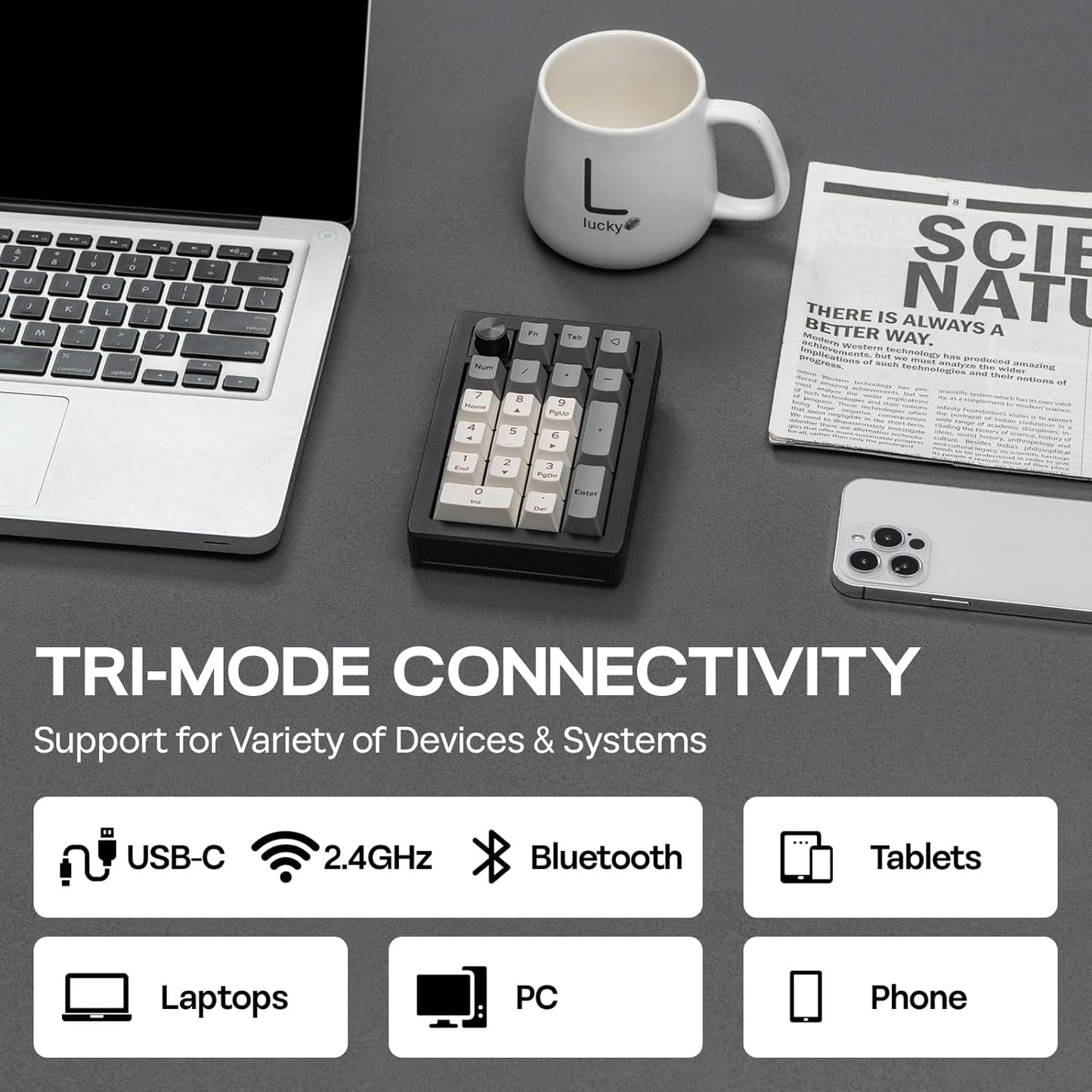 EPOMAKER EK21 VIA Gasket Number Pad with 1000mAh Battery, BT 5.0/2.4GHz/Wired Hot-Swap Numpad with Aluminum Alloy knob, Programmable for Win/Mac/Gaming (Black Silver, Zebra Switch)