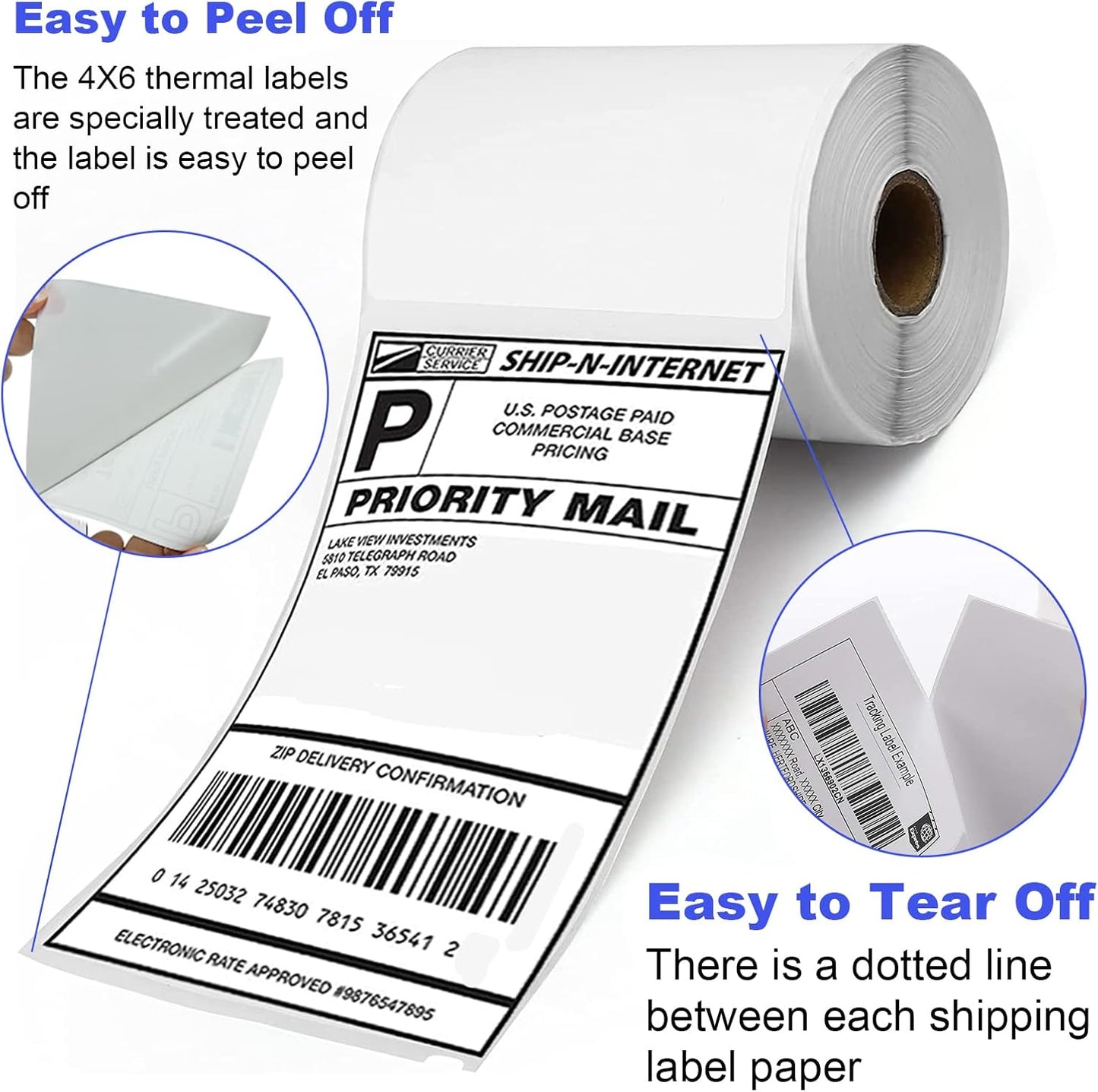 FungLam 4 Rolls 4x6 Direct Thermal Shipping Labels, 250 Labels Per Roll, 1" Core, Perforated, White Mailing Postage Shipping Label Compatible with Zebra 2844 ZP-450 ZP-500 ZP-505