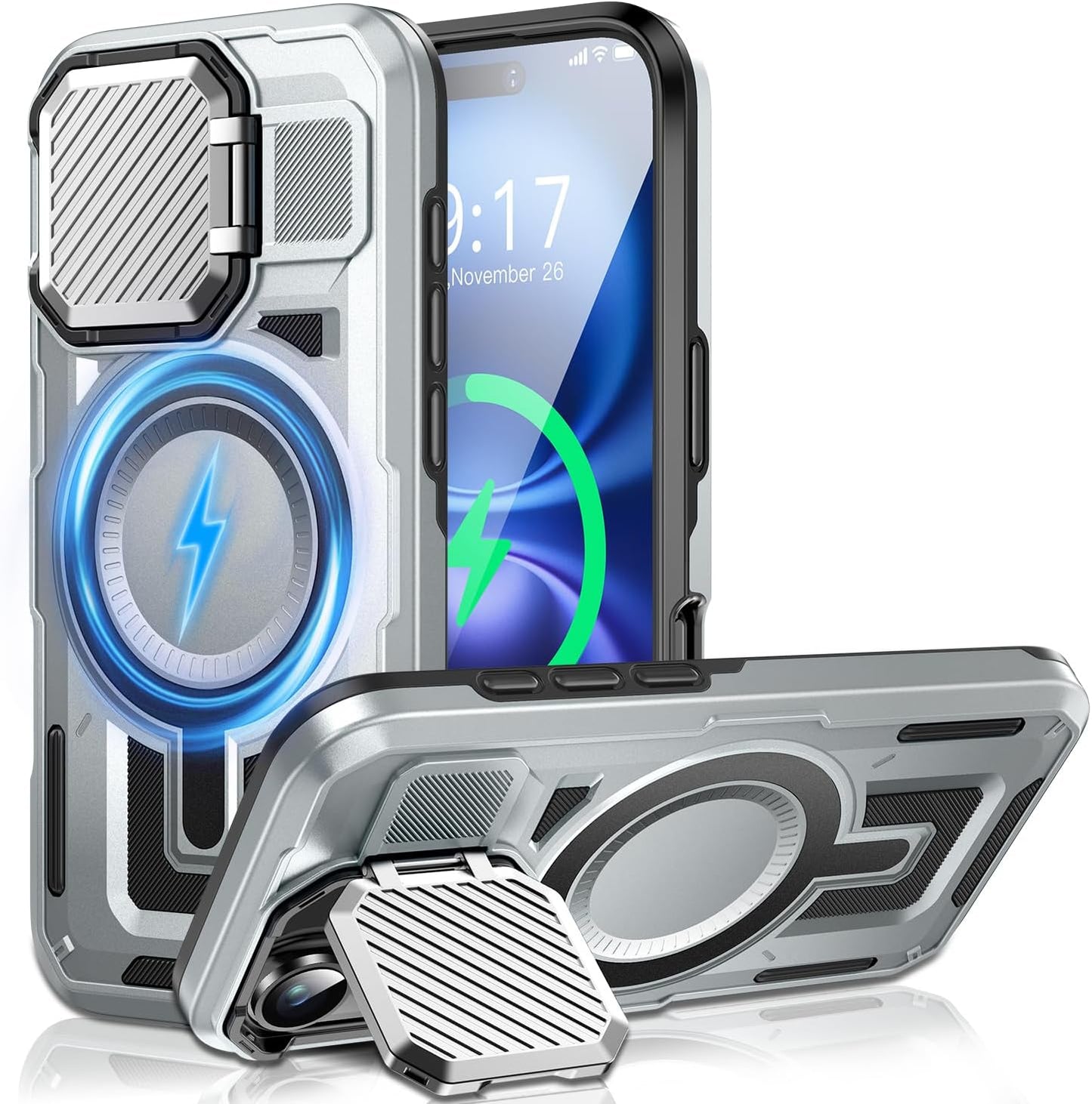 Camera Stand Case for iPhone 16 Plus, [Compatible with Mag Safe] [Lens Cover] 2024 Version Military Grade Protective Soft Case for iPhone 16 Plus 6.7 inch Men Women,Grey