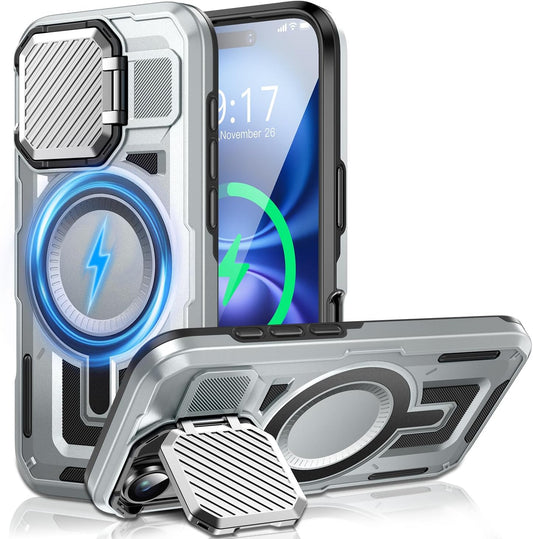 Camera Stand Case for iPhone 16 Plus, [Compatible with Mag Safe] [Lens Cover] 2024 Version Military Grade Protective Soft Case for iPhone 16 Plus 6.7 inch Men Women,Grey