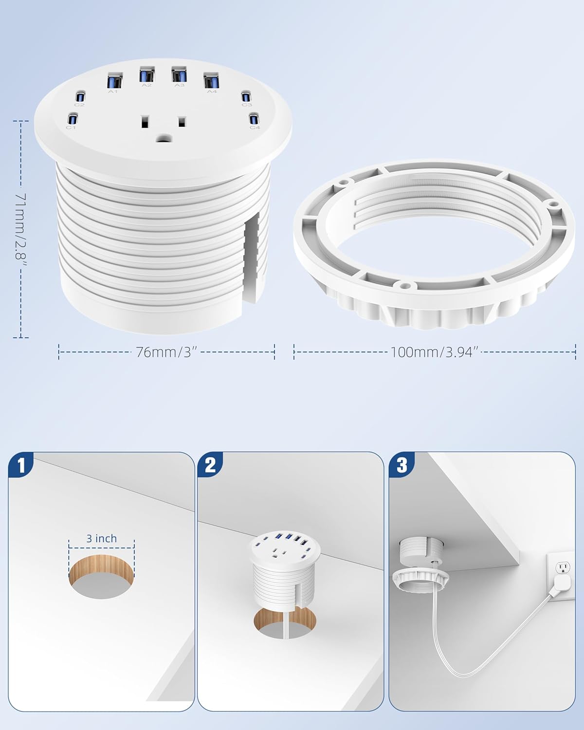 Jgstkcity 65W USB-C Hidden Desktop Power Grommet: 1 AC Outlet,8 USB Charging Ports,3'' Hole Flush Mount Pop-Up Power for Conference Tables & Nightstands (Whtie, 6 FT)