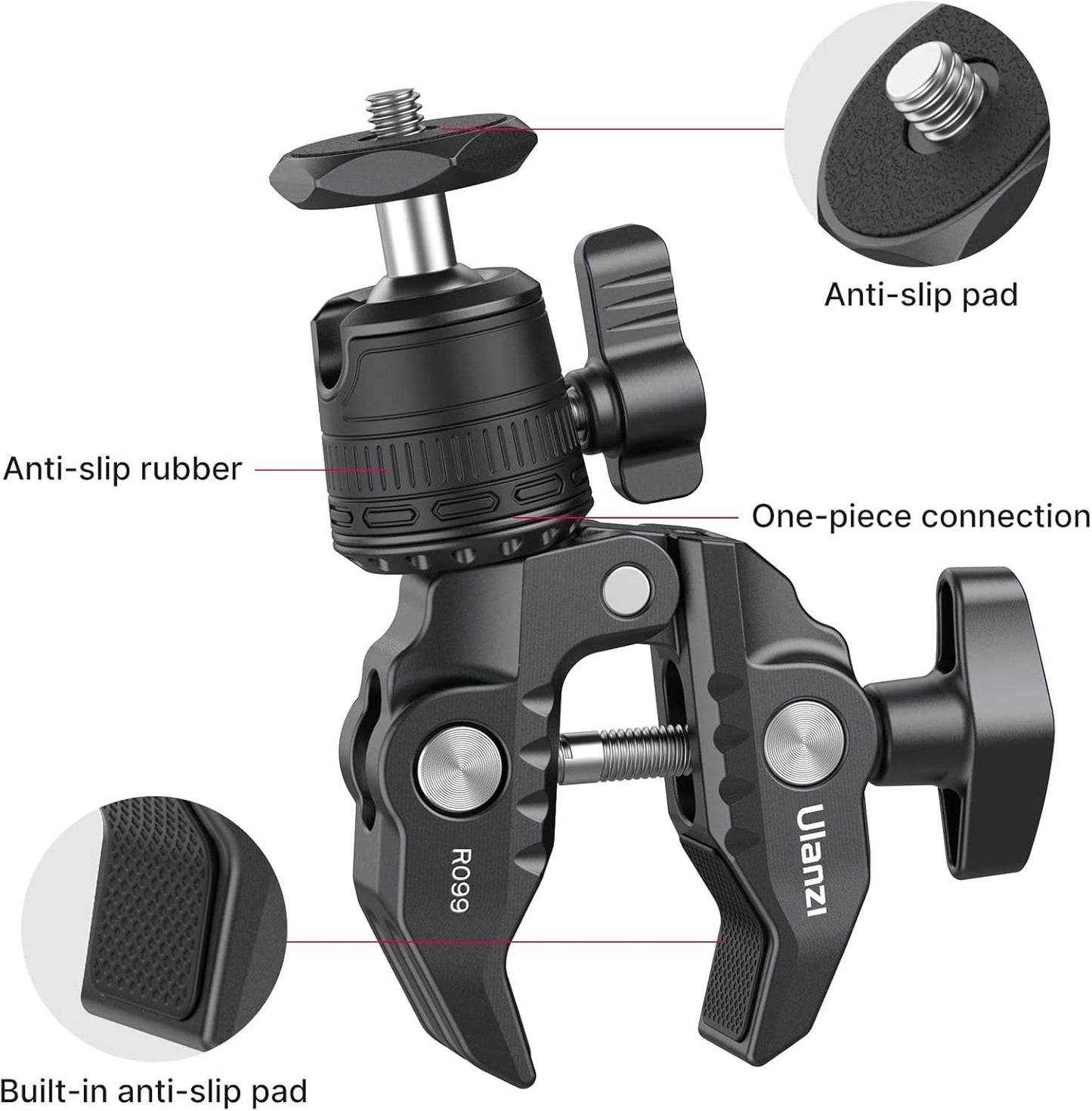 ULANZI R099 Super Clamp Camera Mount with 360° Ballhead for Bike/Bicycle/Motorcycle Handlebar Pole Tripod Tube Crossbar Gimbal Rods Mount for Insta360/GoPro/AKASO/DJI/Phone/DSLR/Light/Monitor