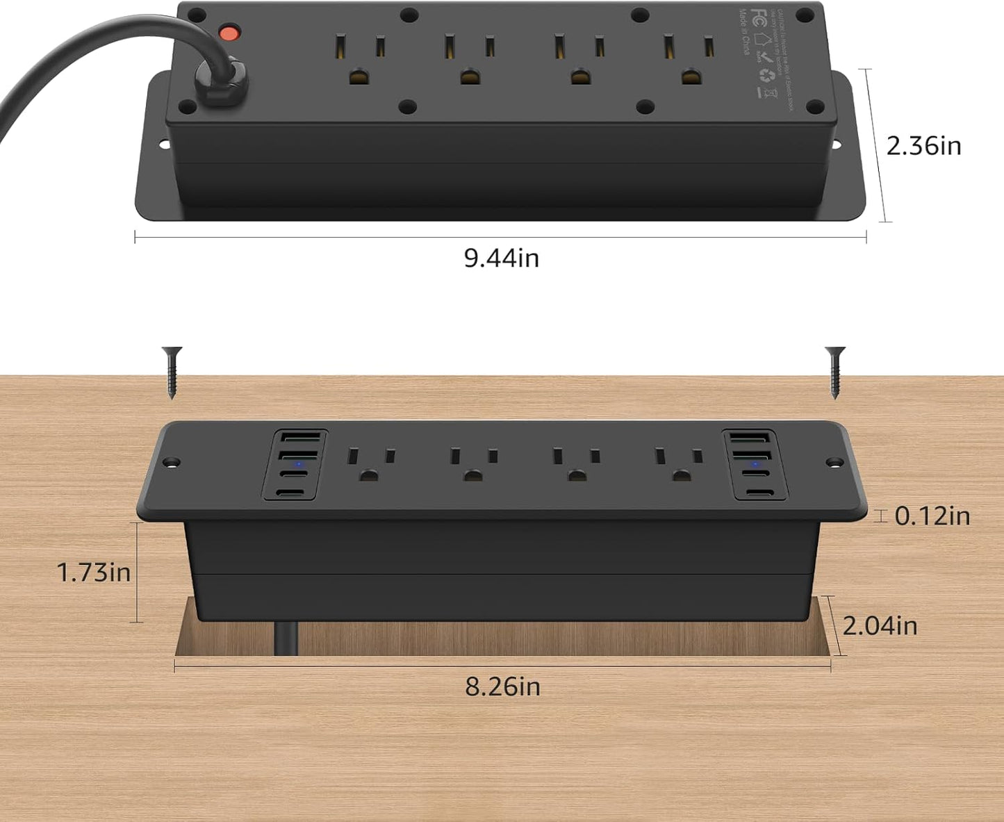 HHSOET 16 in 1 Recessed Power Strip Flat Plug, 45W Fast Charging Furniture Outlet with USB, Conference Recessed Surge Protection with 8 AC Plugs, 4 USB Ports 4 USB-C, 6ft Power Cord.(Black)