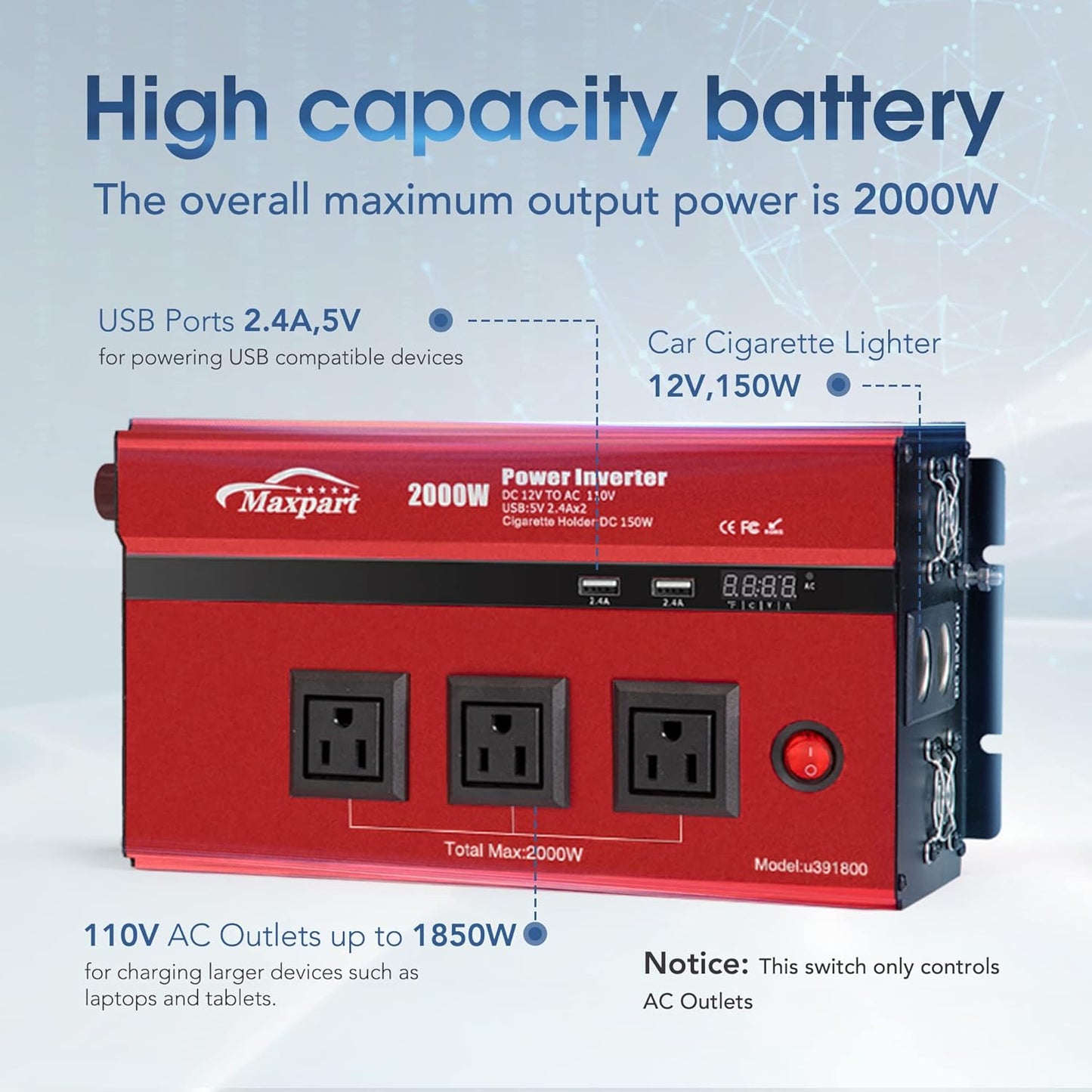 2000w 12v Car Power Inverters for Vehicles Truck with USB Charging Port,12v DC to 110v AC Inverter Converter with 3 AC Outlets