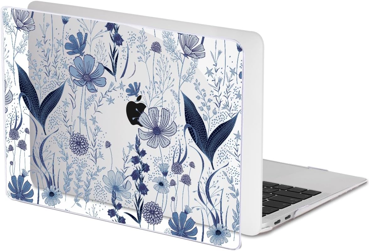 Compatible with 2018 2019 2020 2021 MacBook Air 13 inch Case M1 A2337 A2179 A1932, Clear Printed Pattern Hard Shell Case & Keyboard Cover for Mac Air 13 M1 Touch ID, Navy Blue Wild Flowers