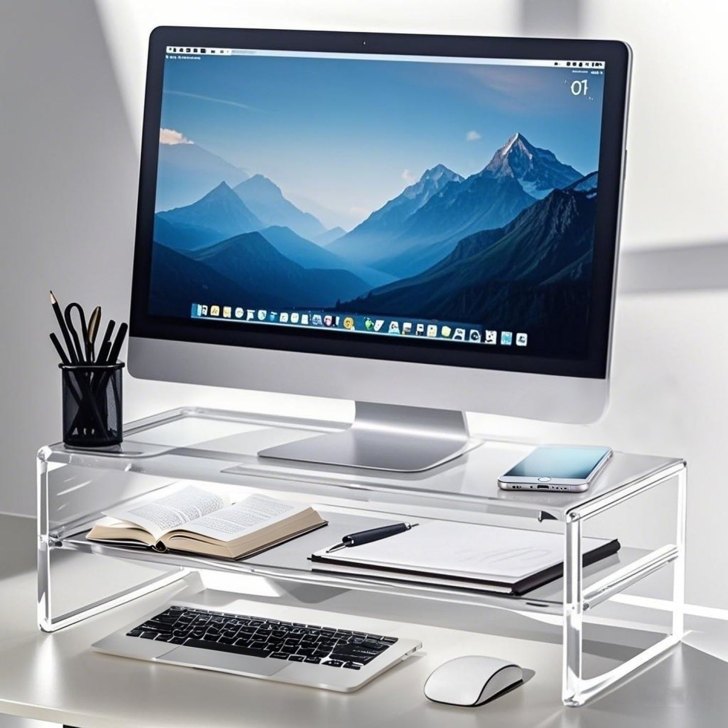 Acrylic Monitor Stand, 2 Tier Computer Monitor Stand Riser，20 inch Acrylic Computer Monitor Stand Riser for iMac, PC, Desktop, Laptop, TV Screen with Extra Storage Space Home Office