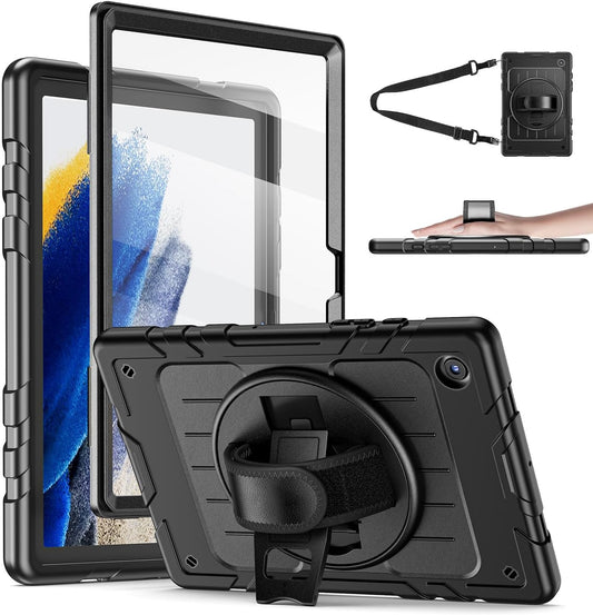 for Samsung Galaxy Tablet A8 Case 10.5 inch 2022 SM-X200/X205/X207 with Screen Protector [360 Rotating Stand] &Hand Shoulder Strap Shockproof Rugged Protective Cover|Black