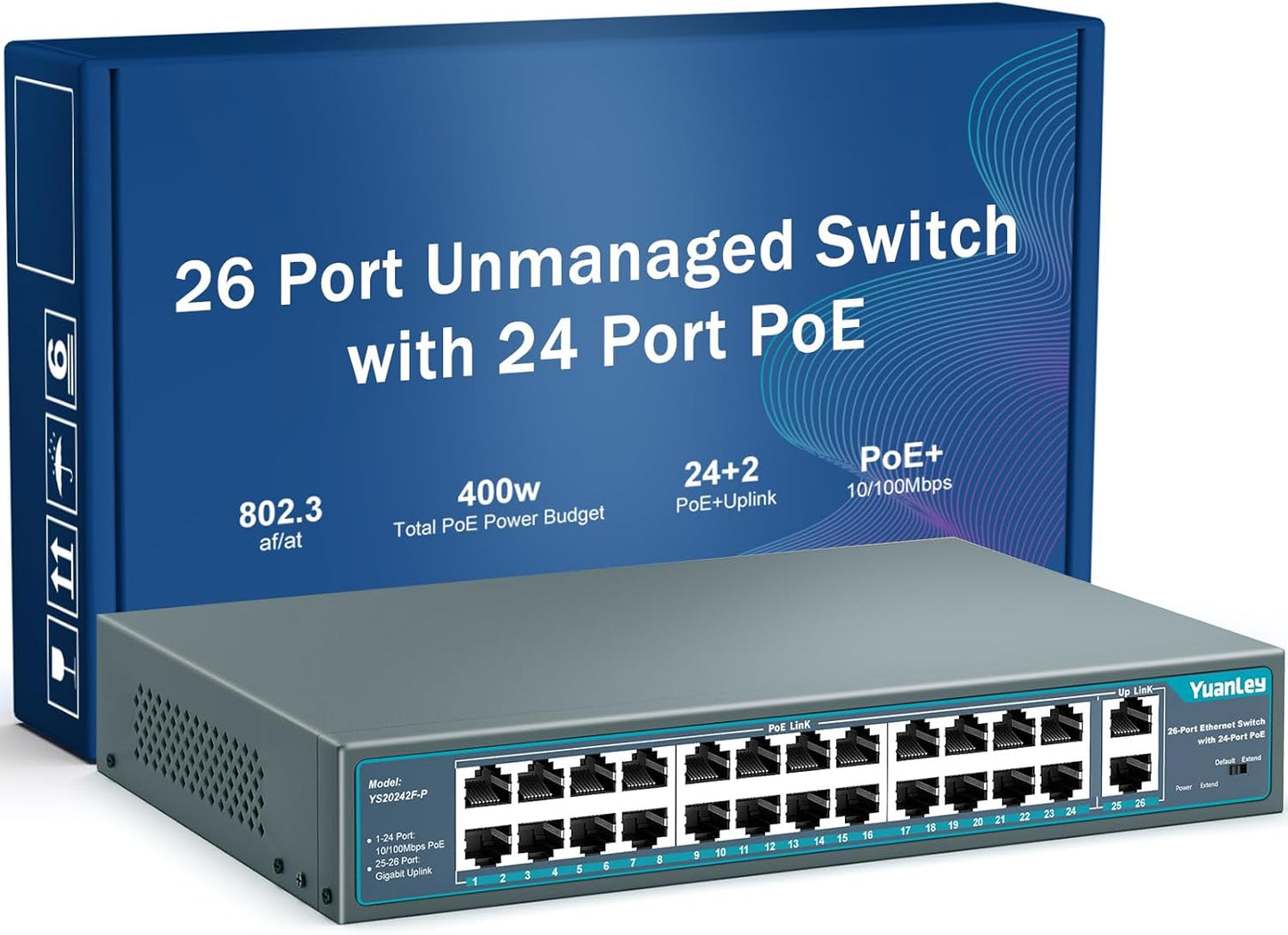 Yuanley 24 Port PoE Switch with 2 Gigabit Ethernet Uplink Port, Unmanaged 26 Port 802.3af/at 400W Power PoE+ Network Switch, Rackmount Plug and Play