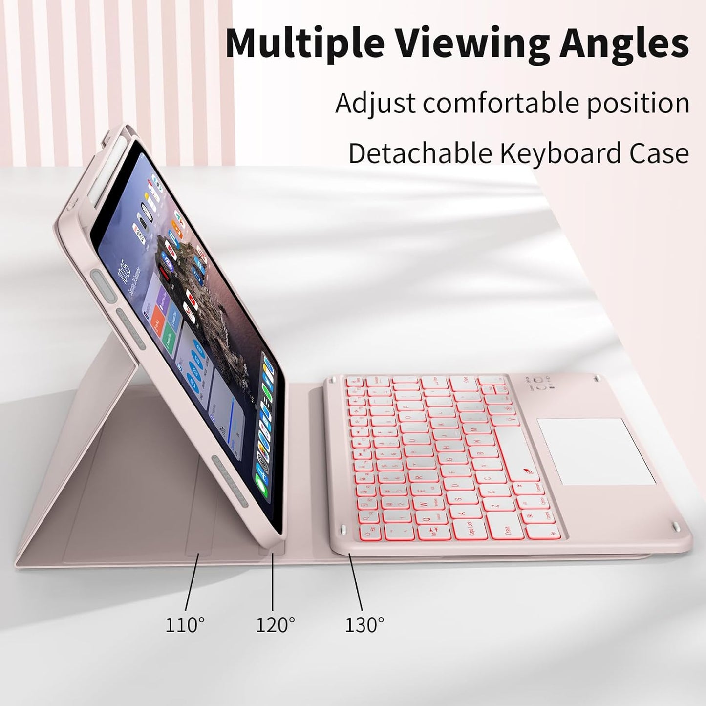 JKSML for iPad(A16) 11th/10th Generation Case with Keyboard (11/10.9 inch) 2025/2022, 7 Color Backlight Detachable Bluetooth Cover with Trackpad, Flip Stand Case Thin with Pencil Holder, Baby Pink