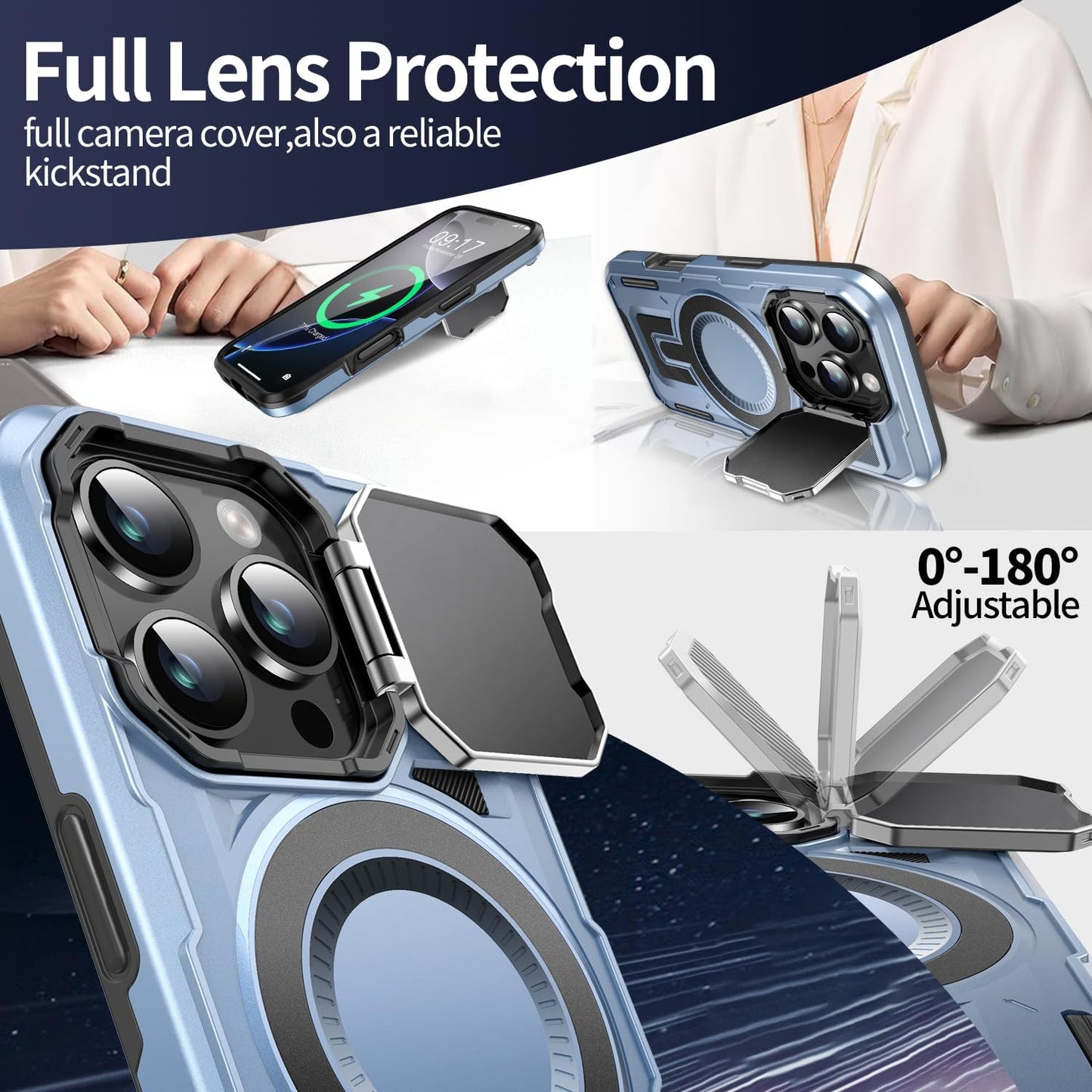 Camera Stand Case for iPhone 16 Pro, [Compatible with MagSafe] [Lens Cover] 2024 Version Military Grade Protective Soft Case for iPhone 16 Pro 6.3 inch Men Women, Blue