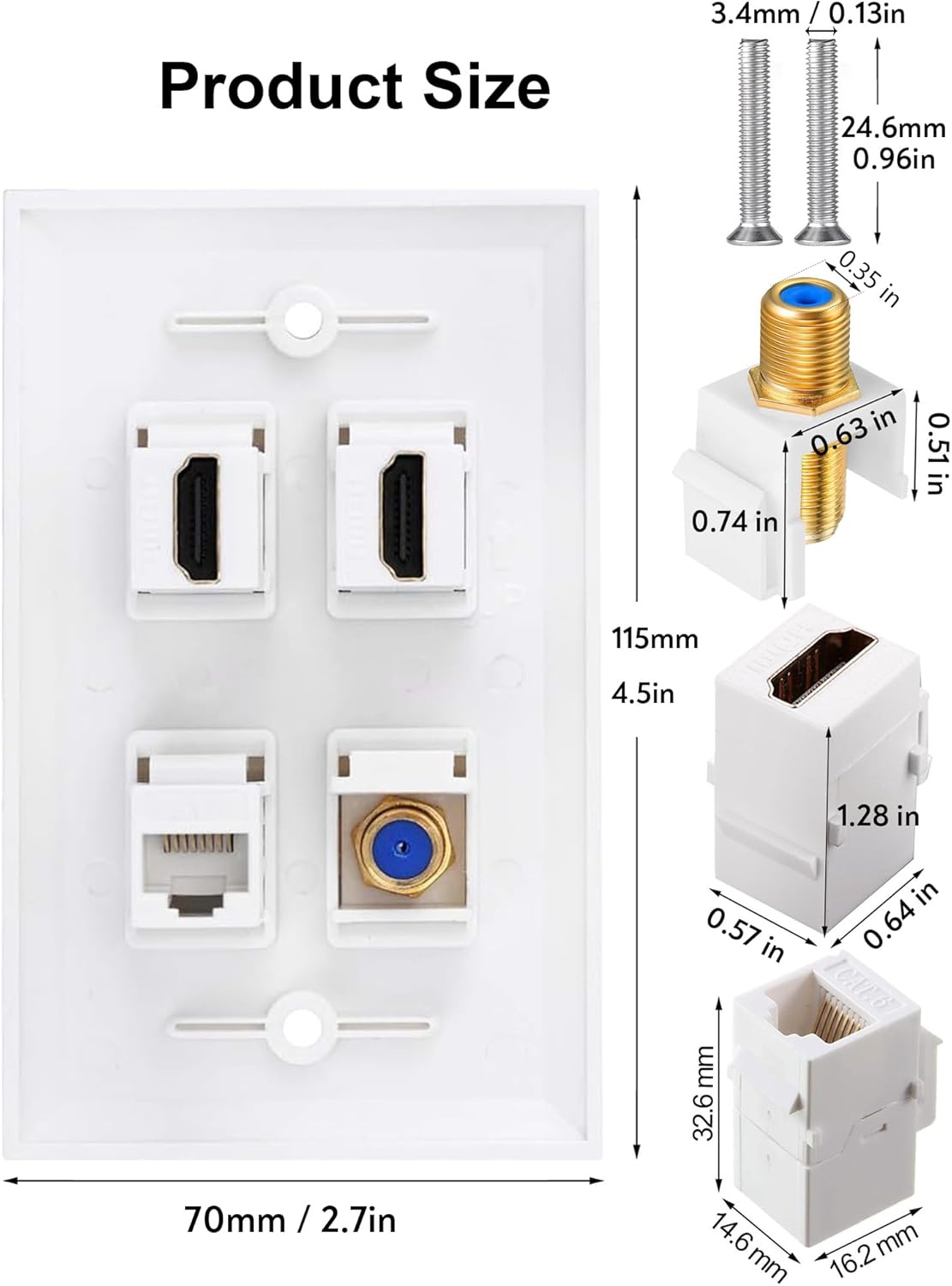 HDMI Coax Ethernet Wall Plate, 2 Port 4K HDMI Keystone, 1 Port Coax Keystone, 1 Port CAT6 Keystone Wall Plate