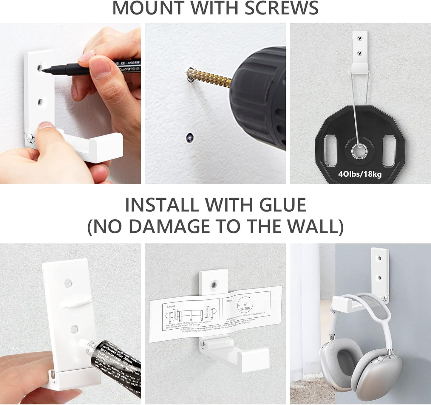 Folding Coat Hooks, 5pcs White Wall Hooks Heavy Duty for Hanging Coat Towel Backpack, Foldable Adhesive Hooks, Headphone Jacket Holder, Aluminum Alloy Hook with Screws for Purse Hat Bag Keys