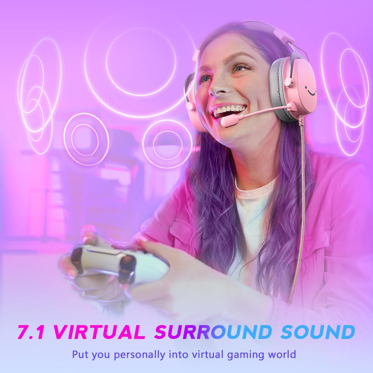 FIFINE USB Gaming Headset, PC Over-Ear Wired Streaming Headset with 3.5mm Jack, Detachable Microphone, 7.1 Surround Sound, Control Box, Passive Noise Cancellation, for PS5/Xbox/Switch-H9 Pink