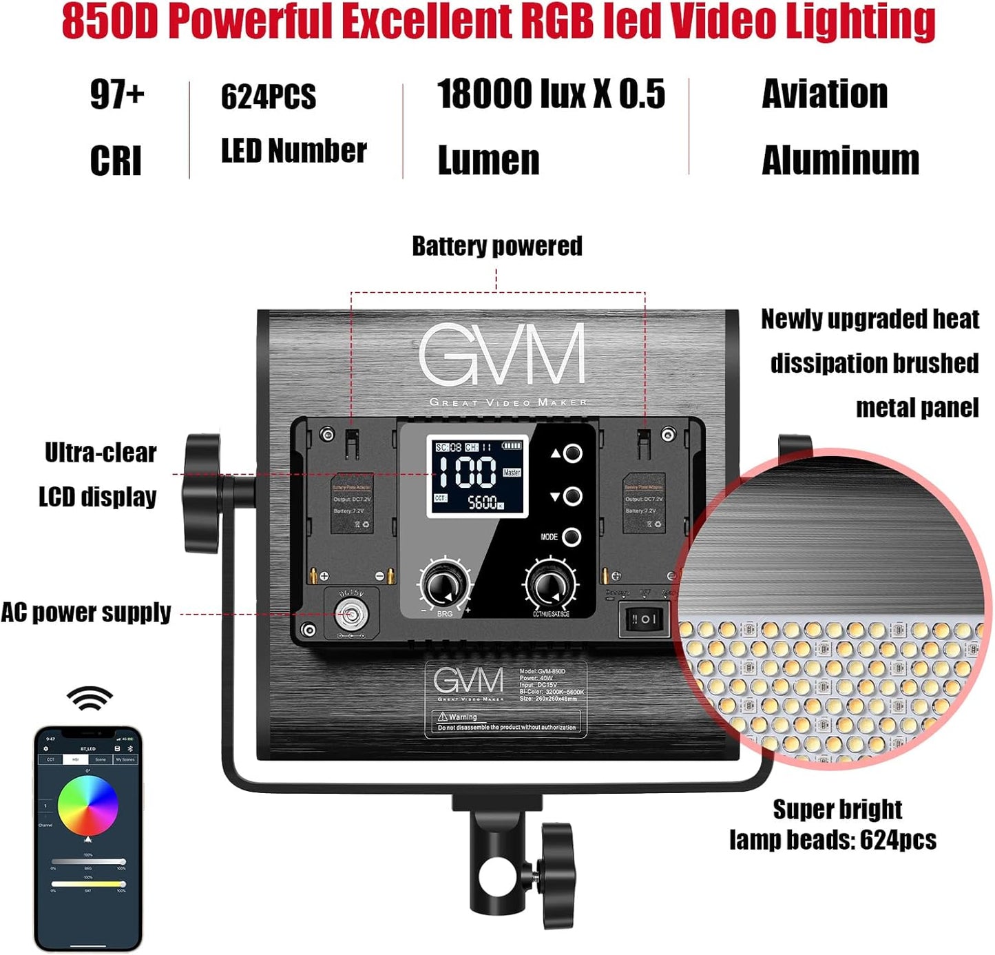 GVM 850D RGB LED Video Lights with 2 Softboxes Stand, 360 ° Full Color Video Lighting Panel with App Control,2 Packs Photography Lighting Kit 40W CRI 97+ for Web Conference, YouTube, Studio, Zoom