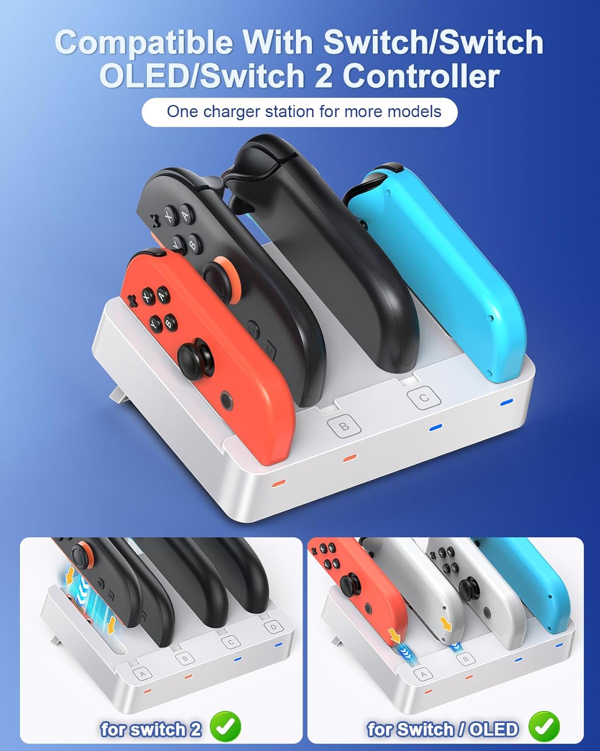 Charger for Nintendo Switch 2 and Switch 1 Controller, Horizontal Charging Dock Station for Joy con and for Joycon 2 Accessories with Foldable Storage Stand (White)