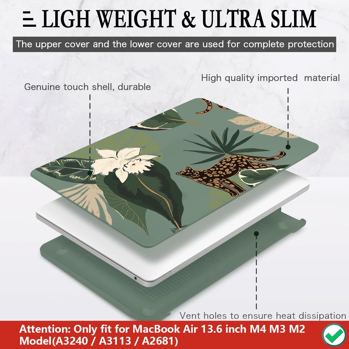 CISSOOK for MacBook Air 13.6 Inch Case 2024 2025 Model A3240 A3113 A2681, Panther Leopard Midnight Green Cover with Keyboard Cover for MacBook Air 13.6 M2 M3 M4 - Leopard