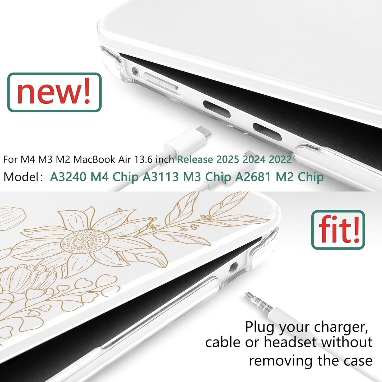 TWOLSKOO Compatible with M4 MacBook Air 13.6 inch Case 2025-2022 Release M4 A3240 M3 A3113 M2 A2681, Plastic Hard Shell & Keyboard Cover & Type C Adapter & Screen Protector, Monoline Floral