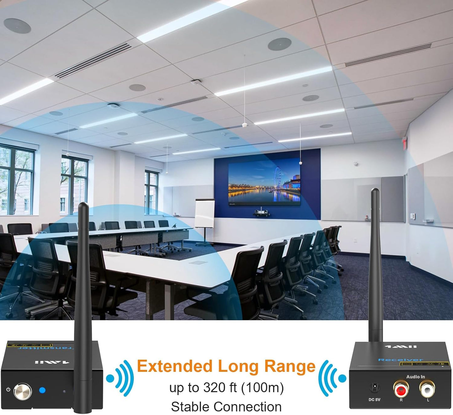 1Mii 2.4Ghz Wireless Audio Transmitter Receiver for TV, 320ft Long Range 20ms Low Delay HiFi Audio, Wireless Adapter Kit for Subwoofer/Powered Speaker/Stereo/Soundbar, RCA(3.5mm AUX) Out/Input