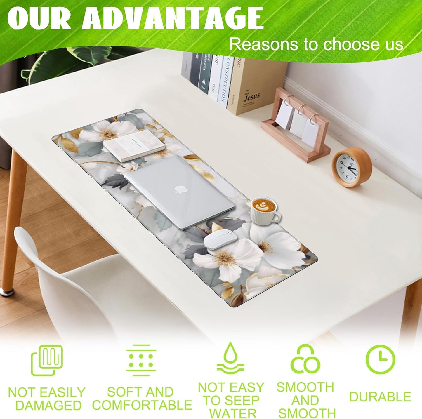 Desk Mat,White Gold Marble Desk Pad,White Flowers Golden Leaves Large Gaming Mouse Pad for Desk,Extended Big Computer Keyboard Mouse Pad with Non-Slip Base and Stitched Edge,31.5"x11.8"