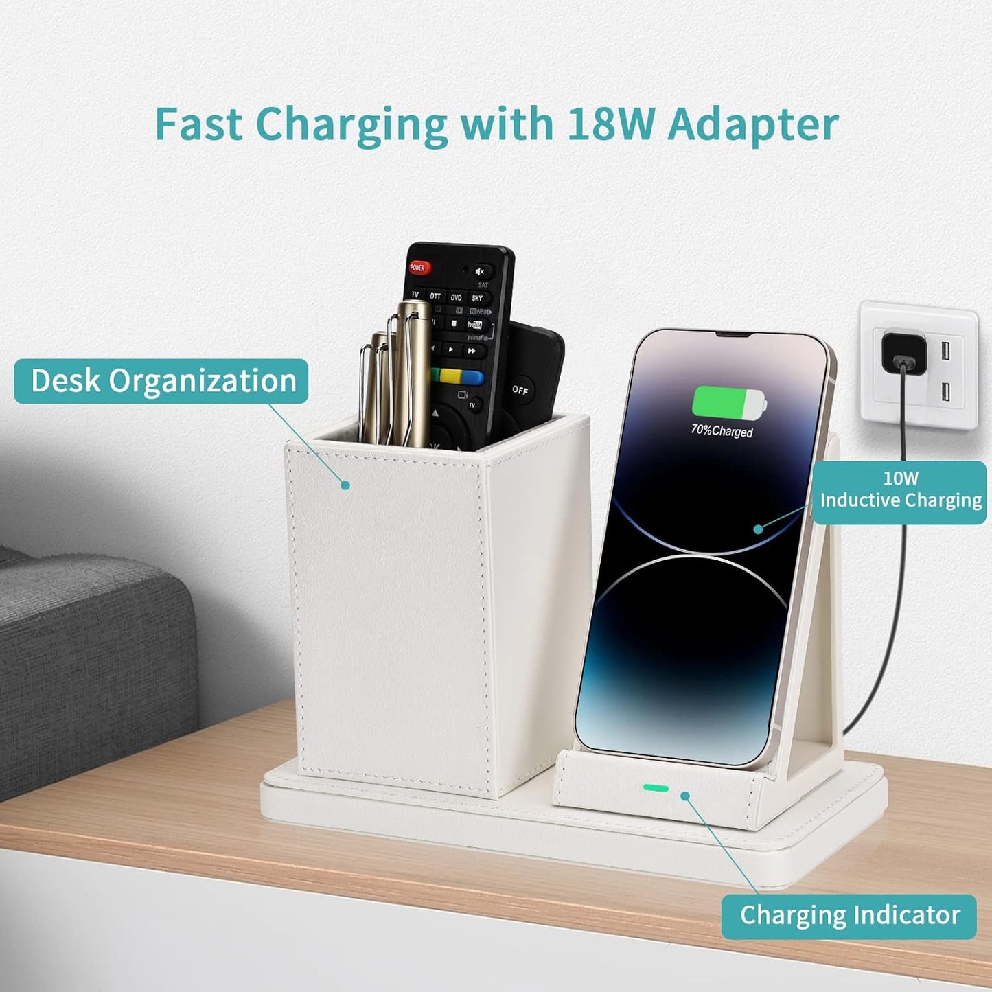 Wireless Charger with Desk Organizer, Wireless Charging Station for iPhone 14/14 Pro/13/12/11/Samsung Galaxy S23/S22/S21/S20/Note 20/Note 10, Charging Stand with Leather, White