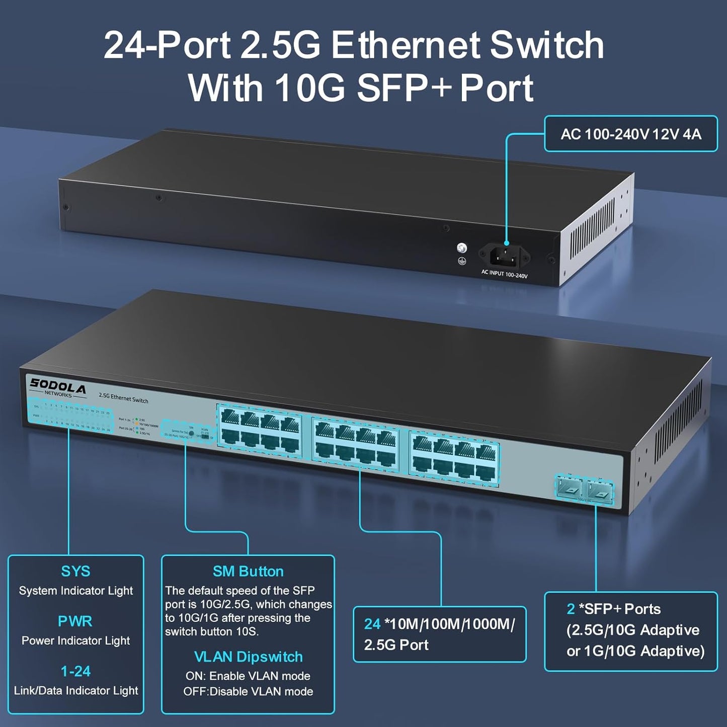 SODOLA 24 Port 2.5Gb Umanaged Switch,24X2.5G Base-T Ports,2X10G SFP, 160Gbps Switching Capacity,Port Isolation,/IU Rack-Mount/Fanless/Plug & Play Multi-Gig Unmanaged Ethernet Switch