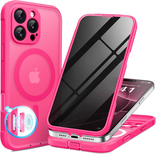 BERFY Magnetic for iPhone 16 Pro Max Case, Compatible with MagSafe, Built-in Privacy Screen Protector and Upgraded Camera Protection, Anti-Spy Full Body Shockproof Phone case for 16 Pro Max, Hot Pink