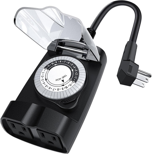 G-ELEK Outdoor Timer Waterproof, 24 Hour Light Timer, Timers for Electrical Outlets, Ideal for Pool Pump, Christmas Lights, Heavy Duty, 2 Grounded Outlets, ETL Listed, Black