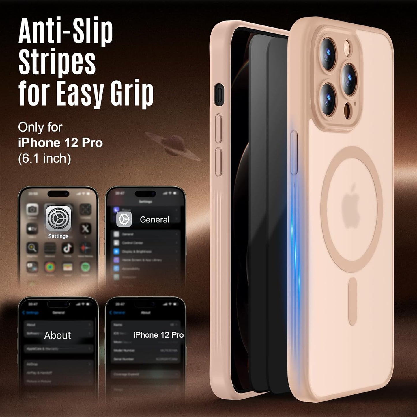 Designed for iPhone 12 Pro Case, Compatible with MagSafe, with Privacy Screen Protectors X2, [Camera Protection] [15FT Military Drop Protection] Shockproof Phone Case, 6.1", Light Brown