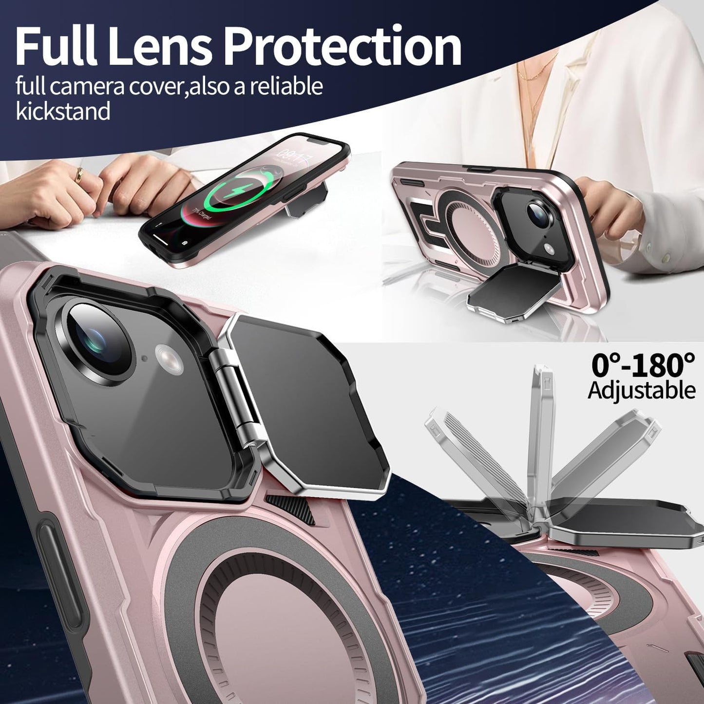 Camera Stand Case for iPhone 16E, [Compatible with Mag Safe] [Lens Cover] 2024 Version Military Grade Protective Soft Case for iPhone 16E 6.3 inch Men Women, Pink