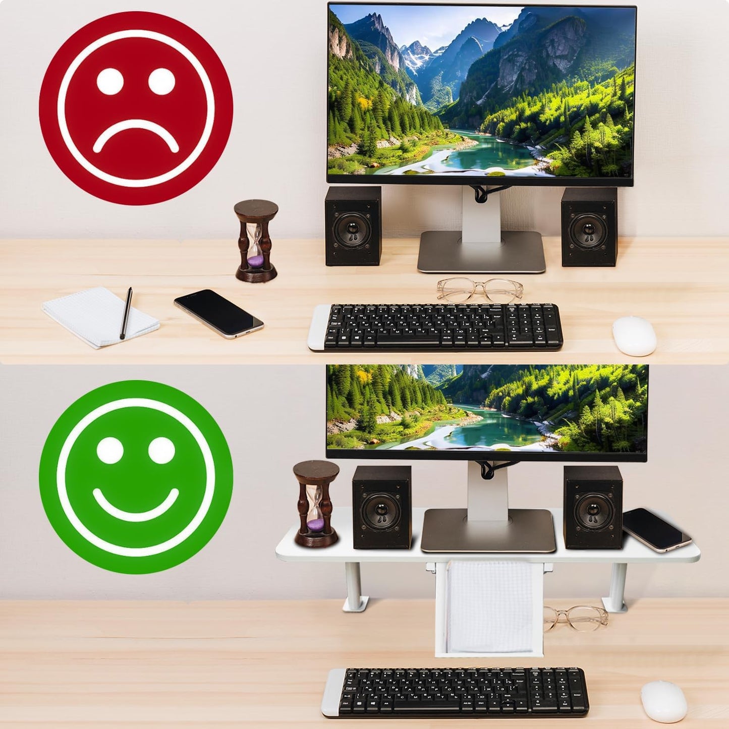 Clamp-On Monitor Stand Riser with Phone/Pad Holder, Height Adjustable from 6.7" to 10.7", Computer Desk Shelf for Laptop, PC, Home Office Workstation (White)