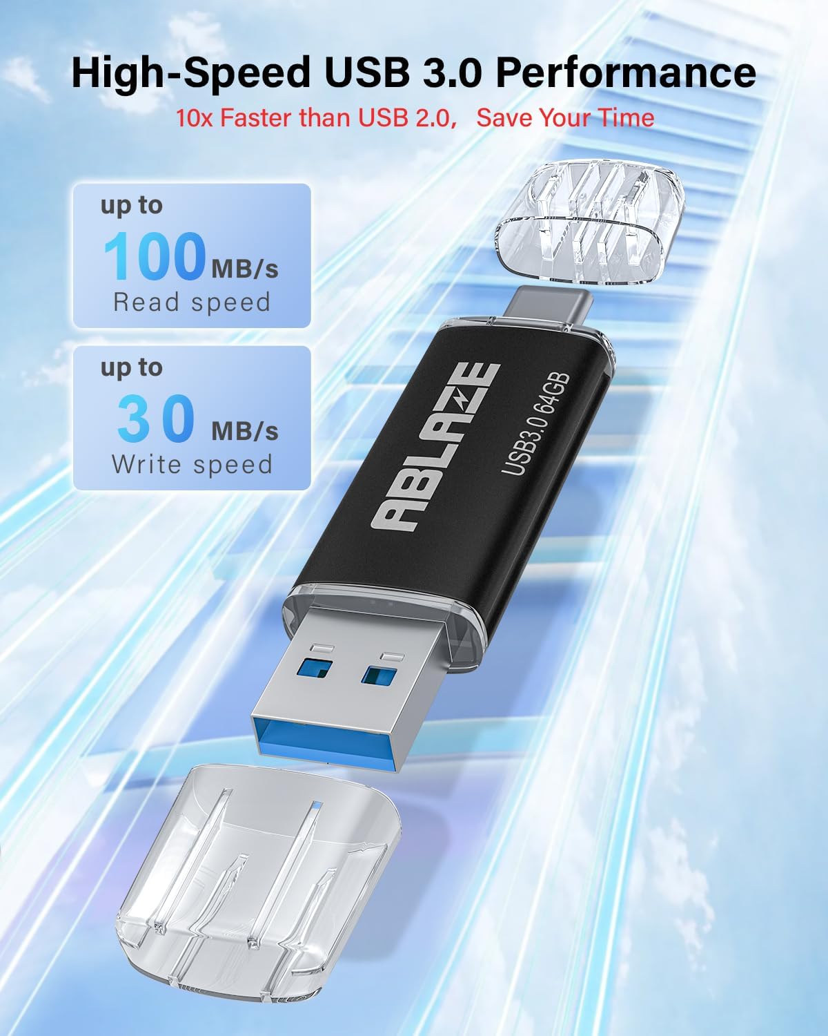 ABLAZE Type C Flash Drive 64GB, Dual USB 3.0+ USB C Flash Drive Compatible with iPhone 16/15,Android Smartphone,Computer,Tablet Mac Laptop