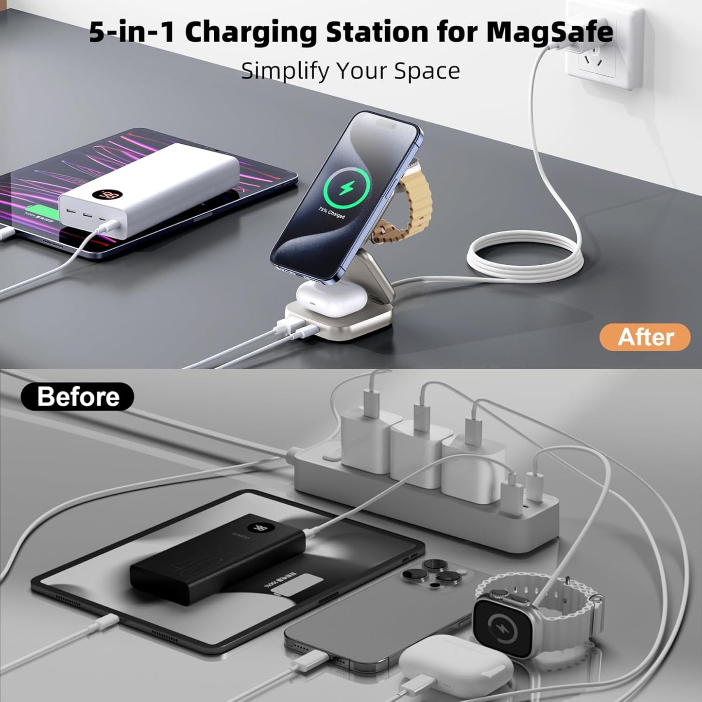 5-in-1 Wireless Charger for MagSafe, AC ISLAND Portable Travel Charging Station, 15W Max Fast Foldable Magnetic Stand, Evolved for iPhone 16/15/14/13 Series, Apple Watch, AirPods (with 35W Adapter)