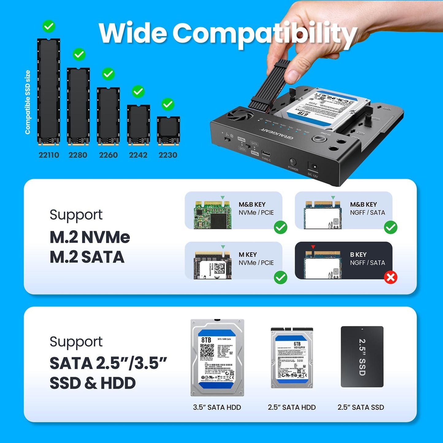 GRAUGEAR SATA SSD/HDD to M.2 NVMe Docking Station, USB-C 10Gbps Clone Station for M.2 NVMe SSD to SATA 2.5”/3.5” SSD & HDD Converter, Offline Cloning, Tool-Free, Built-in Cooling Fan