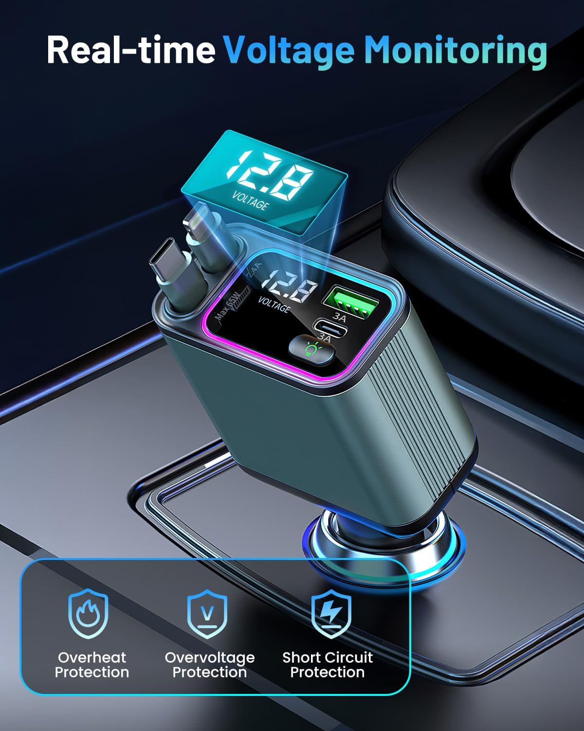 4 in 1 Retractable Car Charger with RGB Light, 92W Fast Charging USB C Car Adapter, Compact Car Phone Charger for iPhone/Galaxy/Pixel, Car Accessories for Women Men (Lightning + Type C Cable)