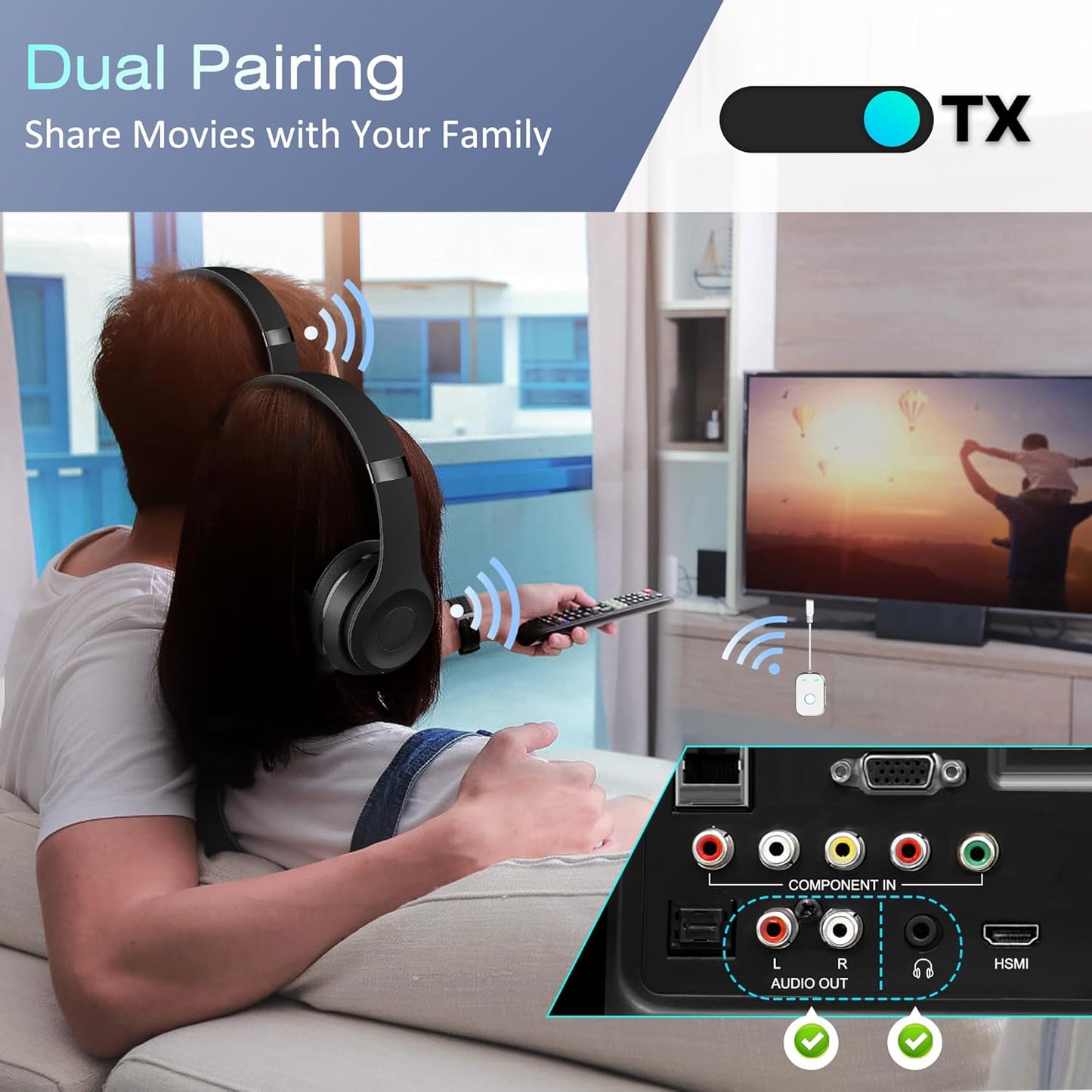 Bluetooth Transmitter Receiver, 2-in1 Wireless Adapter for Airplane, Bluetooth 5.3 Transmitter for TVs, Gym Equipment, Cars,Use with 3.5mm Jack and RCA Cable