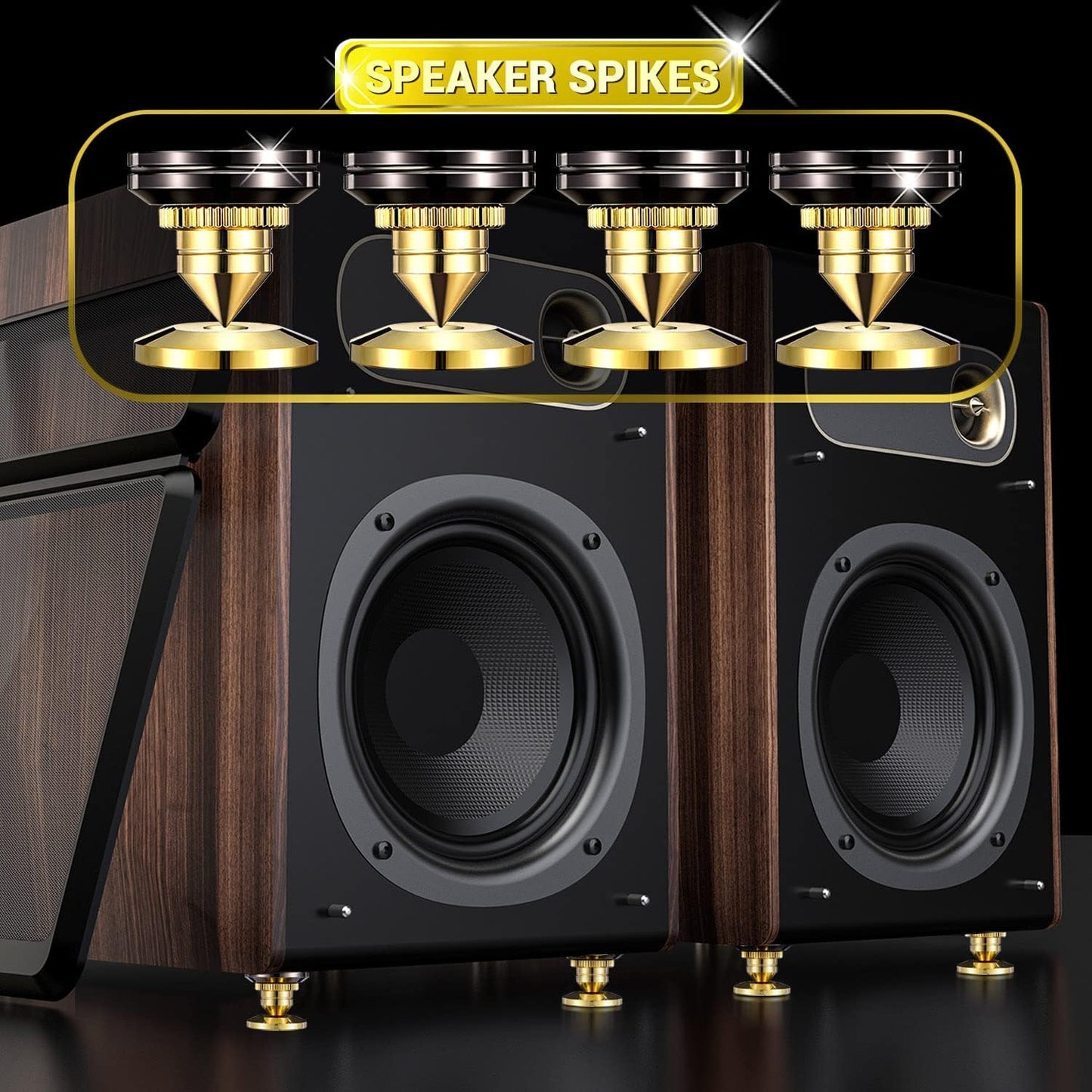 Facmogu 4PCS Golden Speaker Isolation Spikes with Plated Speaker Spikes Pads Mat, Speaker Spikes & Speaker Spike Pad Kit with Double-Sided Adhesive for Subwoofer CD DVD Player Audio Amplifier Recorder