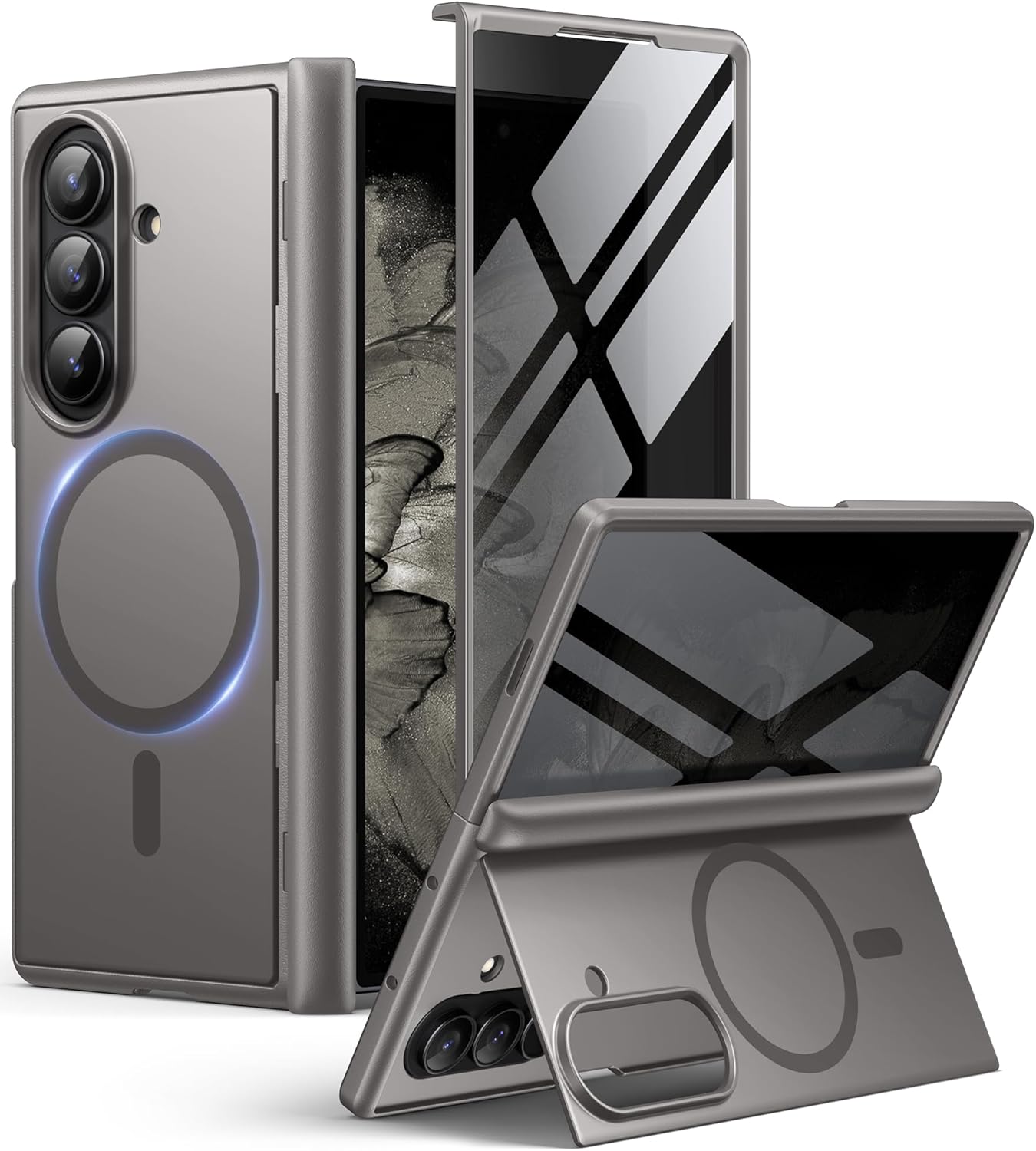 BERFY Magnetic for Samsung Galaxy Z Fold 7 Case with Privacy Screen Protector, [Compatible with MagSafe][Anti Spy] Built-in Hidden Kickstand, Full-Body Shockproof Slim Phone Case for Z Fold 7, Grey