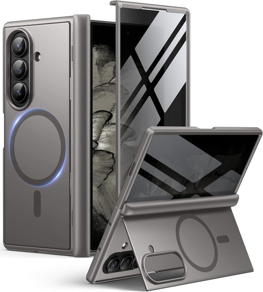 BERFY Magnetic for Samsung Galaxy Z Fold 7 Case with Privacy Screen Protector, [Compatible with MagSafe][Anti Spy] Built-in Hidden Kickstand, Full-Body Shockproof Slim Phone Case for Z Fold 7, Grey