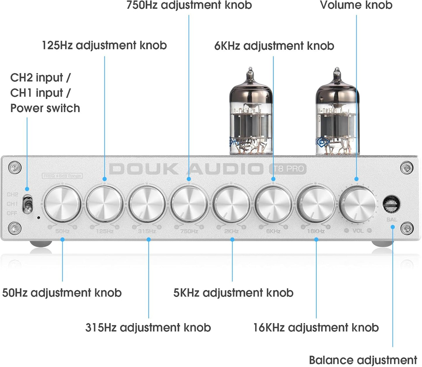 Douk Audio HiFi Vacuum Tube 7-Band EQ Preamp Equalizer XLR Pre-Amplifier Home (T8 PRO Silver)