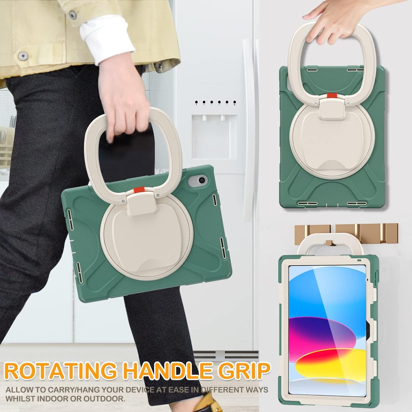 BRAECN Case for iPad (A16) 11th/10th Generation 11”/10.9'' 2025/2022-Heavy Duty Rugged Silicone Cover with Pencil Holder/Rotating Handle Grip/Stable Kickstand/Adjustable Shoulder Strap, Emerald Green