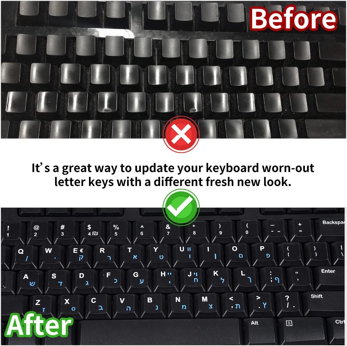 2PCS Hebrew English Keyboard Stickers Black Background with Blue Letters Replacement Stickers for PC Computer Laptop Notebook Desktop Keyboards -Each Unit: 0.43" x 0.51"